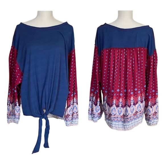 Umgee Tie Front Peasant Blouse Mixed Media Blue Boho Casual Popover Rayon - Picture 1 of 9